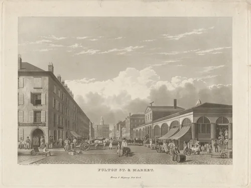 Fulton Street and Market, New York by William James Bennett, print, 1834