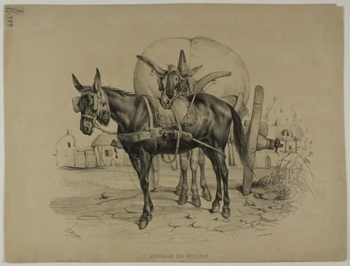 Mules Harnessed by Victor Adam, print, 1821-1866