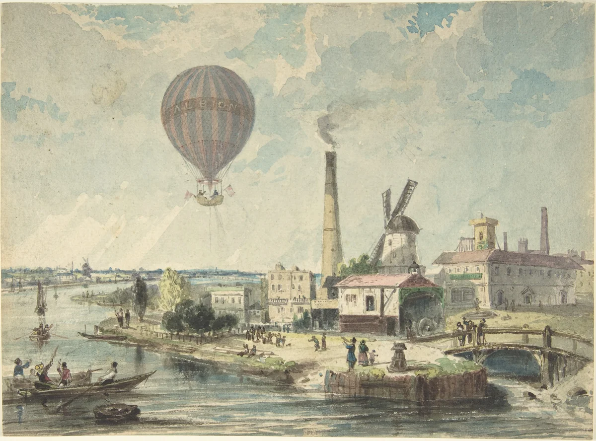 Mr. Green in the Albion Balloon, Having Ascended from Vauxhall Gardens, August 12, 1842 by anonymous, drawing, 1837-1847