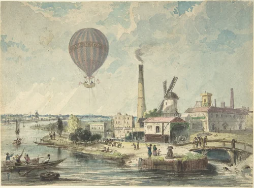 Mr. Green in the Albion Balloon, Having Ascended from Vauxhall Gardens, August 12, 1842 by anonymous, drawing, 1837-1847