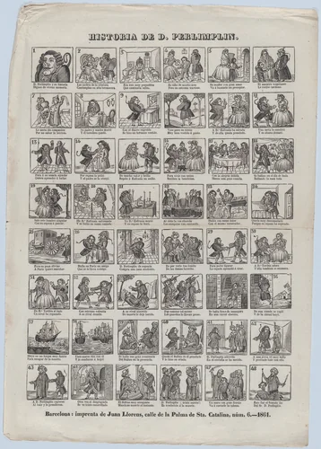 Broadside with 48 scenes relating to the story of Don Perlimplin by Juan Llorens, print, 1861