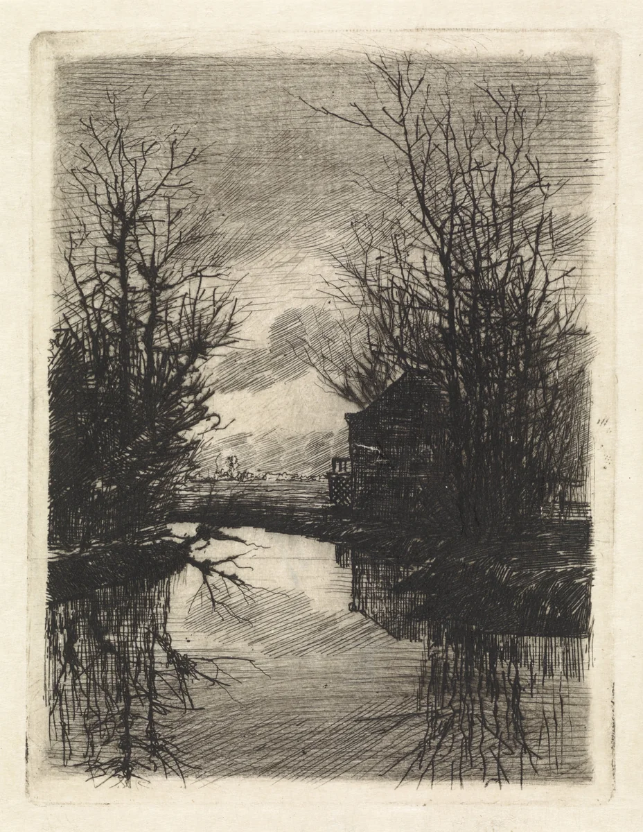 Huis en bomen langs het water by Elias Stark, print, 1859-1890