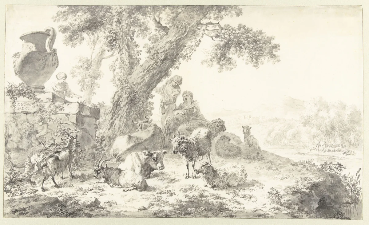 Herders with their Flock under a Tree by Simon van der Does, drawing, 1700