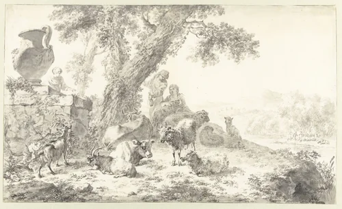 Herders with their Flock under a Tree by Simon van der Does, drawing, 1700