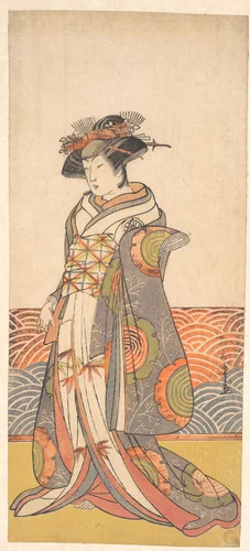 The Third Segawa Kikunojo as a Woman Standing in a Room Having a Wave-pattern Dado by Katsukawa Shunshô (勝川春章), print, 1769-1789