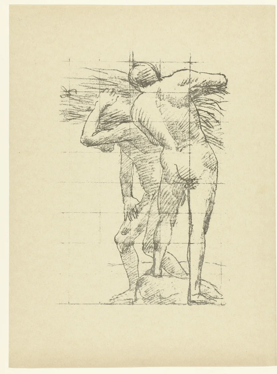 Naaktstudie van twee werkende mannen by anonymous, print, 1895