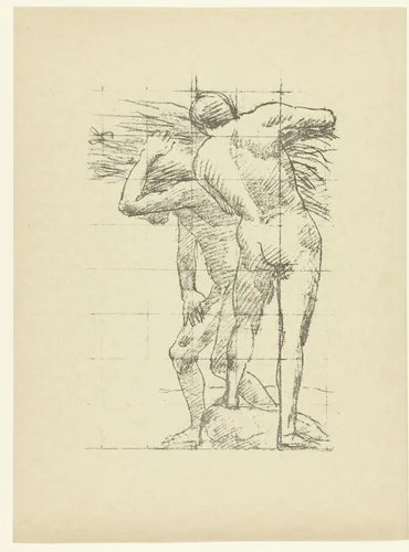 Naaktstudie van twee werkende mannen by anonymous, print, 1895