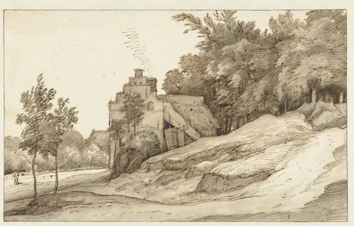 Boerderij met trapgevel aan de rand van een bos by Jacob Esselens, drawing, 1636-1687
