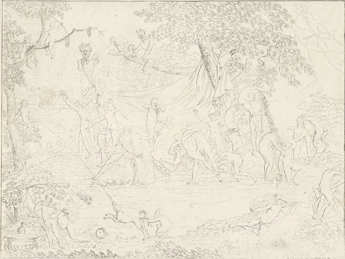 Bacchanten met satermaskers by Gerard Melder, print, 1725