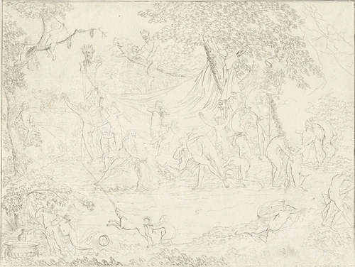 Bacchanten met satermaskers by Gerard Melder, print, 1725