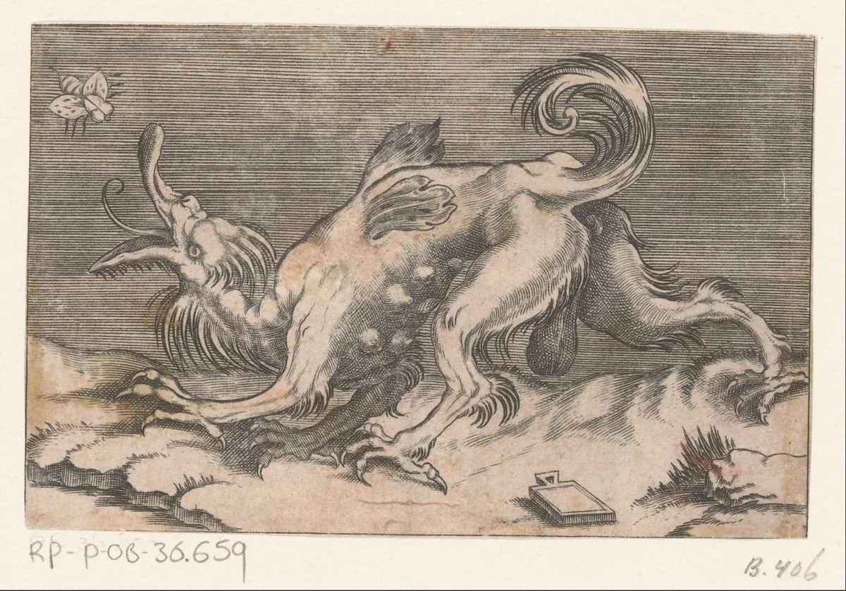 Monster met bij by Agostino Veneziano, print, 1500-1536