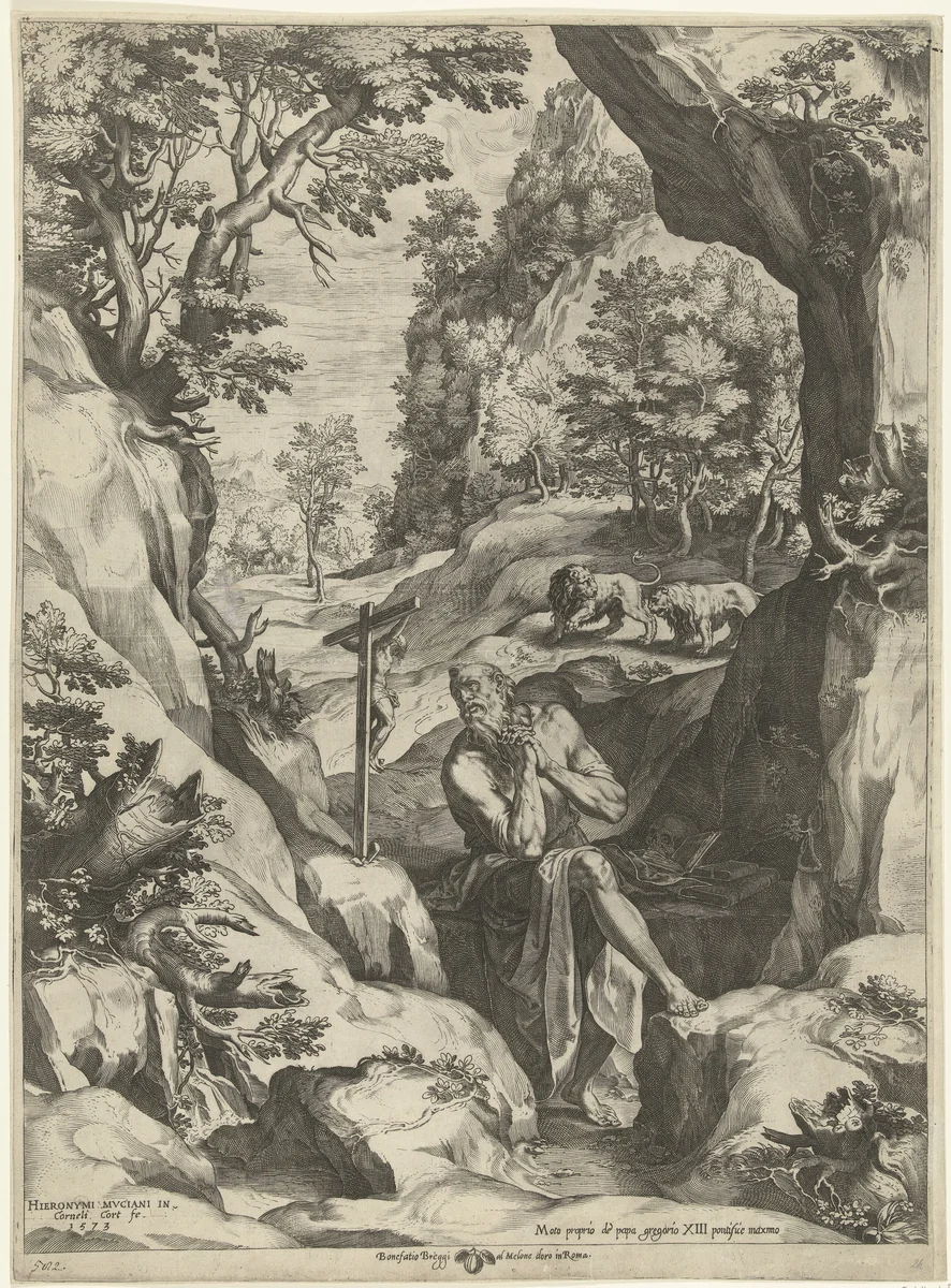 Landschap met de H. Hieronymus by Unknown, print, 1573