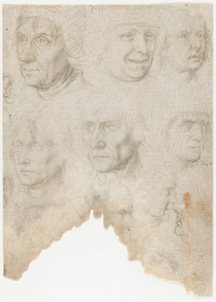Studies of ten (?) heads and two ears (recto); Studies of three figures and a head (verso) by Gerard David, drawing, 1493-1503