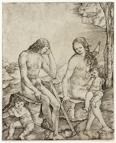 Adam and Eve with Infants Cain and Abel by Cristofano Robetta, print, 1495-1515