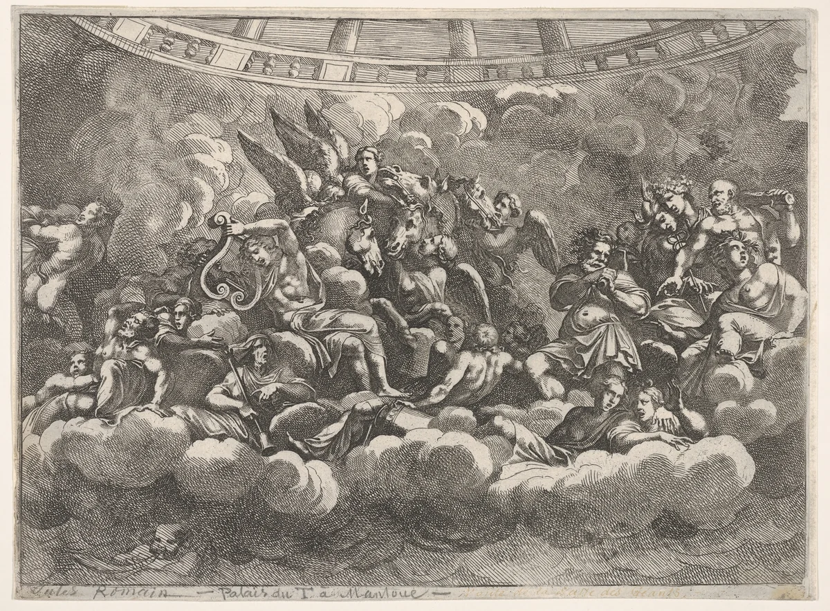 Gathering of various Olympian gods and mythological figures among clouds, Apollo at center with his lyre, Vulcan, Mercury, Hercules, and Hermes to right, various figures below, horses and attendants behind in center, from "Giove che fulmina li giganti", after the frescoes on the ceiling of the Sala dei Giganti designed by Giulio Romano for the Palazzo del Te, Mantua by Pietro Santi Bartoli, print, 1675-1685