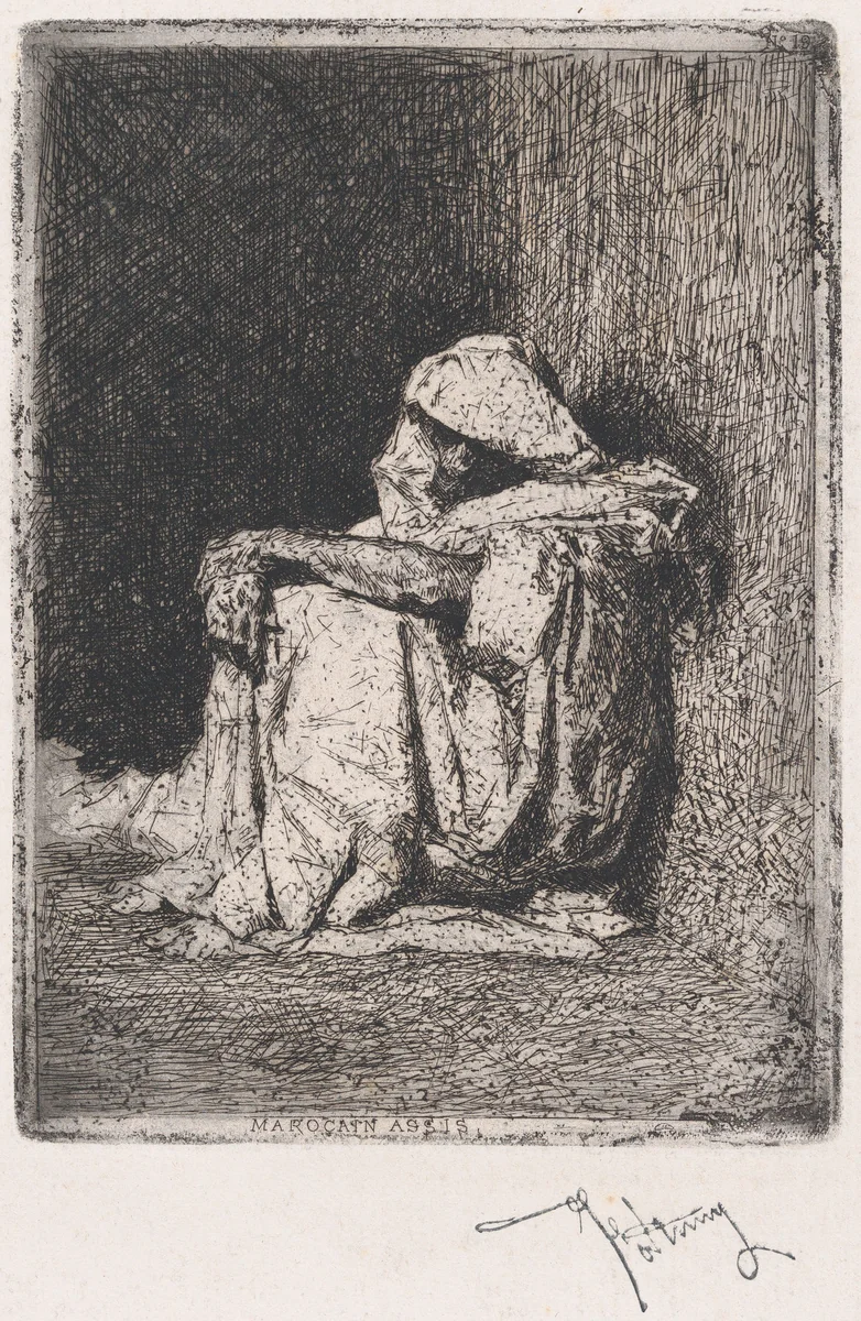 A Moroccan man seated on the ground by Mariano Fortuny, print, 1860-1870