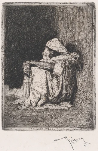 A Moroccan man seated on the ground by Mariano Fortuny, print, 1860-1870