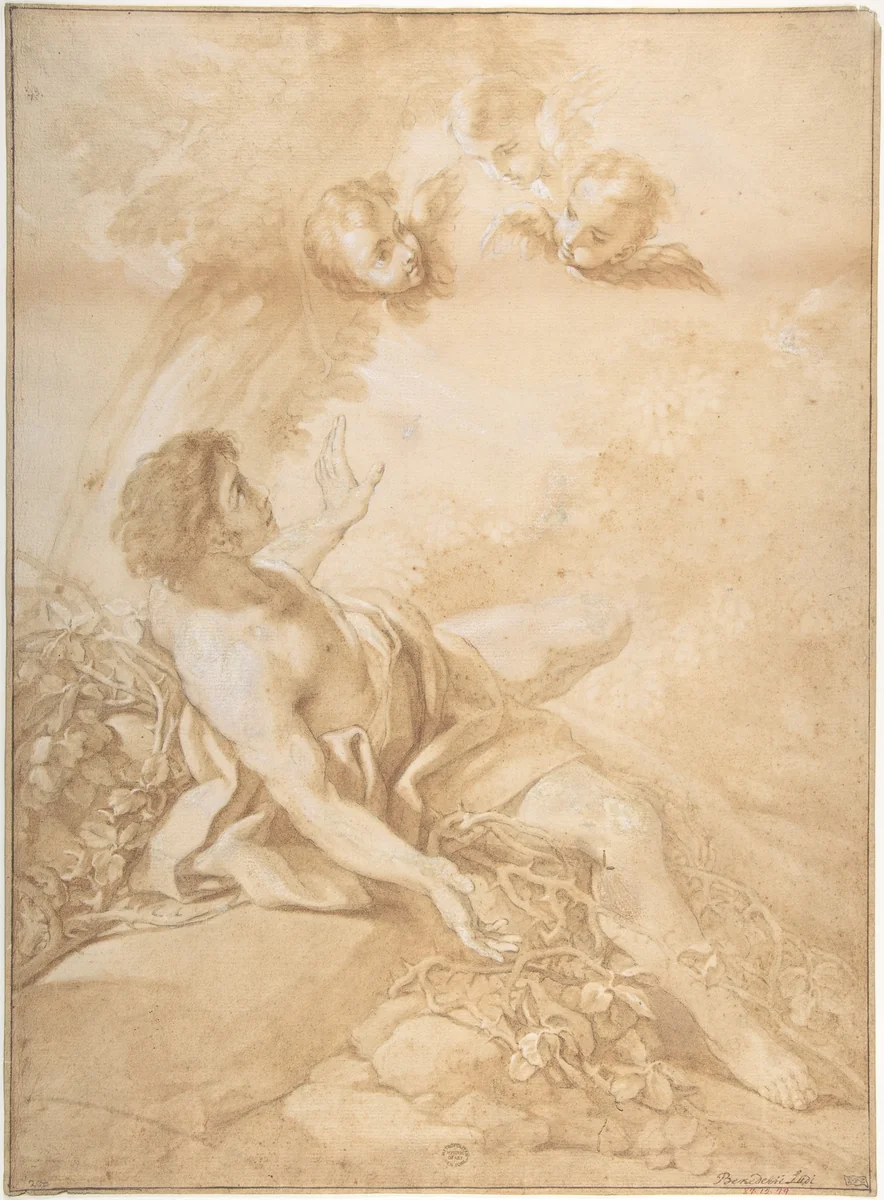 Saint Benedict on a Bed of Thorns by Benedetto Luti, drawing, 1666-1724