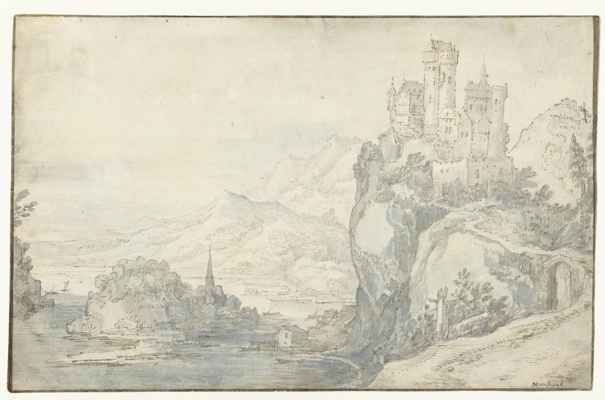 Rivierlandschap met een kasteel op een berg by Joos de Momper, drawing, 1574-1635