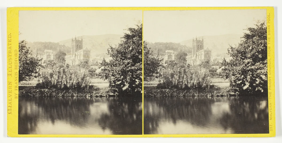 Malvern, the Priory Church, from the Swan Pool, No. 257 from the series "Malvern Illustrated" by Francis Bedford, photograph, 1850-1894