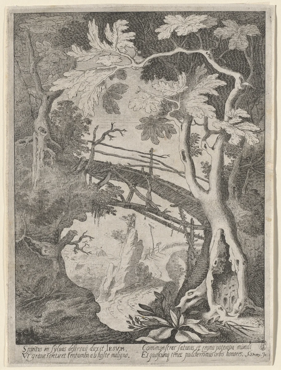 A Rocky Landscape with the Temptation of Christ by Sebastian Vrancx, print, 1620