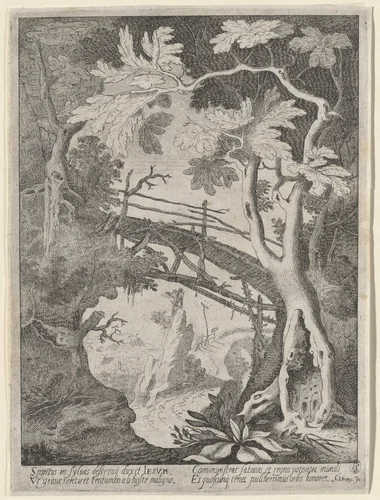 A Rocky Landscape with the Temptation of Christ by Sebastian Vrancx, print, 1620