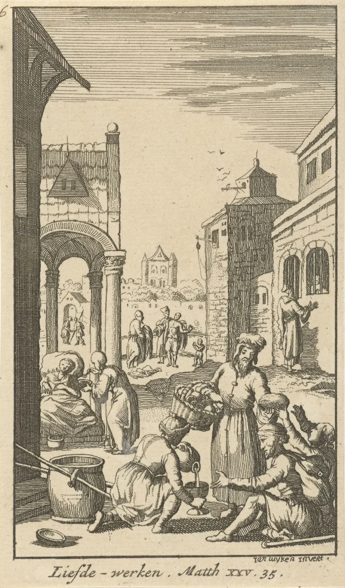 De vijf wijze maagden doen aan liefdadigheid by anonymous, print, 1720
