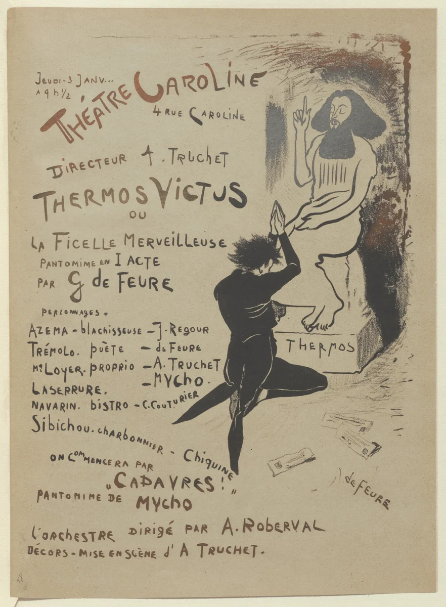 Program for Thermos Victus or the Marvelous String (Thermos victus ou La Ficelle merveilleuse) from The Beraldi Album of Theatre Programs by Georges de Feure, print, 1895