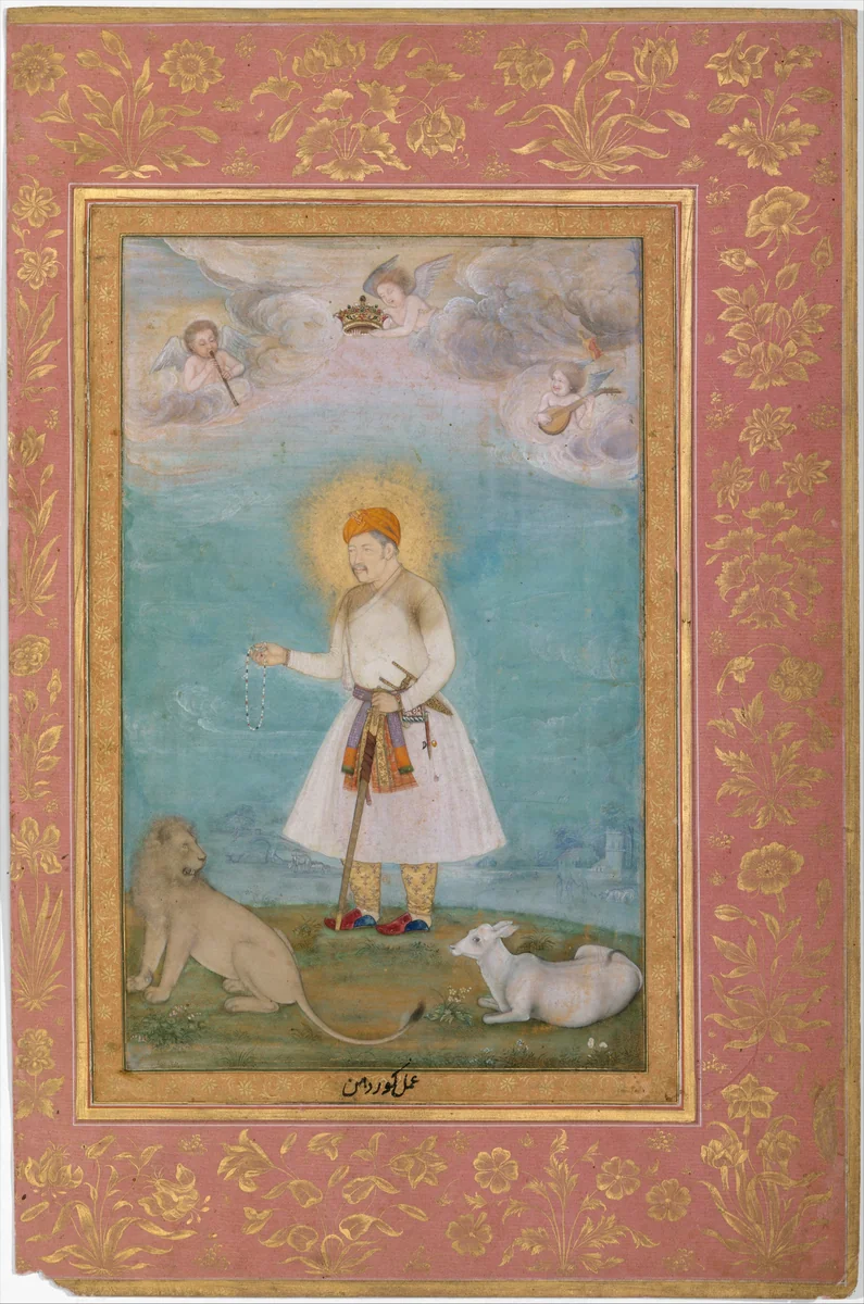 "Akbar With Lion and Calf", Folio from the Shah Jahan Album by Govardhan, manuscript, 1505-1655