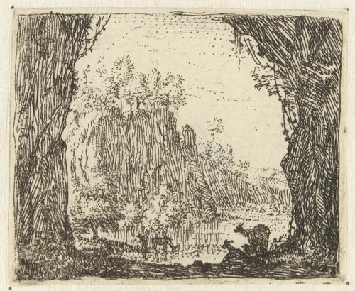 Italianiserend landschap met geiten bij een rivier by Karel du Jardin, print, 1652-1659