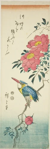 Kingfisher and roses by Utagawa Hiroshige (歌川広重), print, 1842-1857