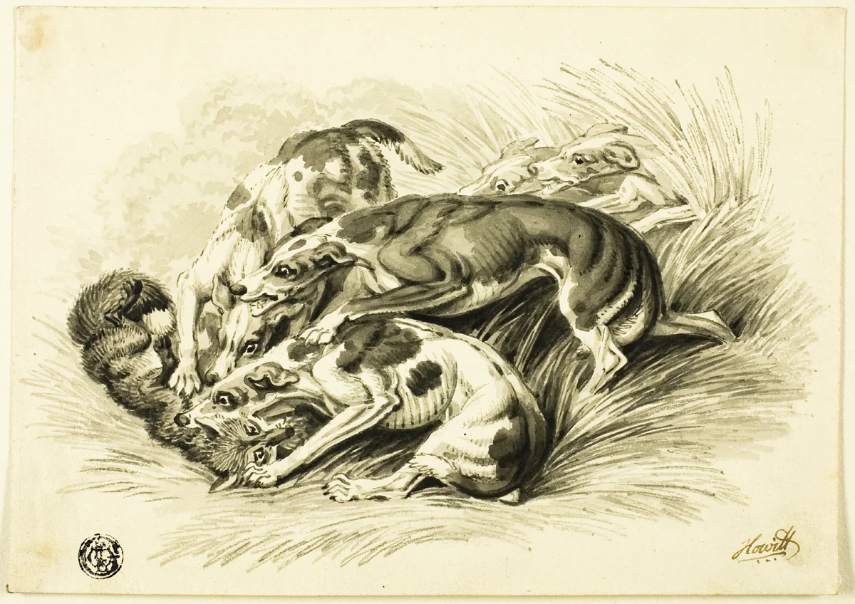 Hounds with Fox by Guillaume Coustou, drawing, 1790-1810
