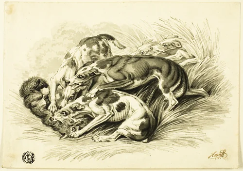 Hounds with Fox by Guillaume Coustou, drawing, 1790-1810