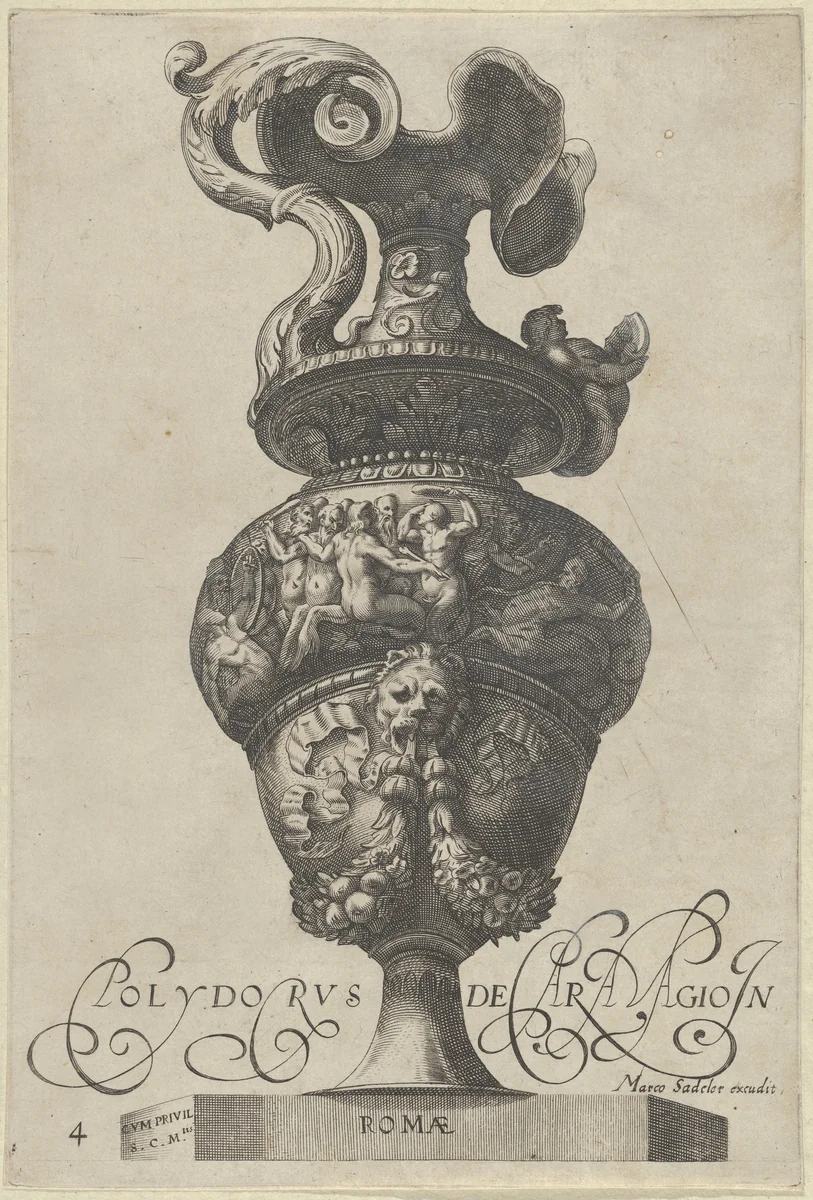 Plate 4: Vase or Ewer with a Frieze containing mermaids and centaurs, and below a lion's head with garlands and ribbons, from "Antique Vases" (Vasa a Polydoro Caravagino) by Aegidius Sadeler II, print, 1605