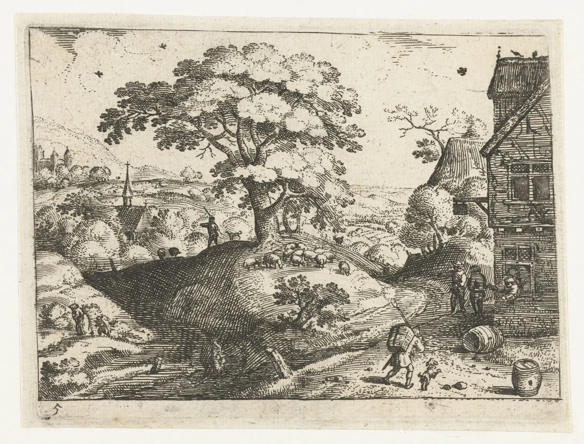 Landschap met reiziger bij herberg by Jacob Savery, print, 1584-1603