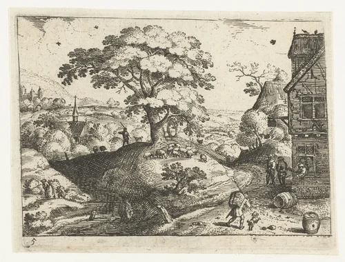 Landschap met reiziger bij herberg by Jacob Savery, print, 1584-1603