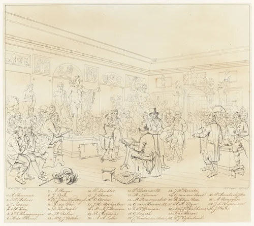 Identificatie van de portretten op het schilderij De Beeldenzaal van de Maatschappij Felix Meritis te Amsterdam by Hendrik Willem Caspari, drawing, 1822