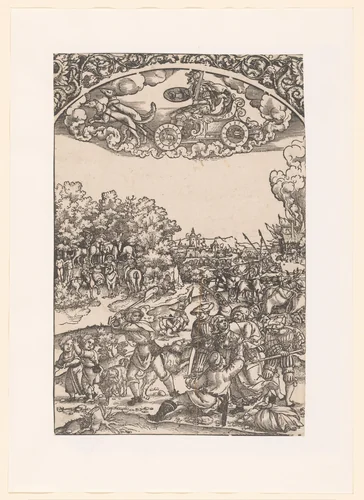 Mars in zijn triomfwagen, daaronder zijn planeetkinderen by anonymous, print, 1510-1550