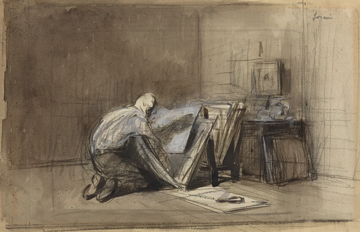 a) Print Connoisseur (recto); b) Sketch of Print Connoisseur (verso) by Jean-Louis Forain, drawing, 1852-1931