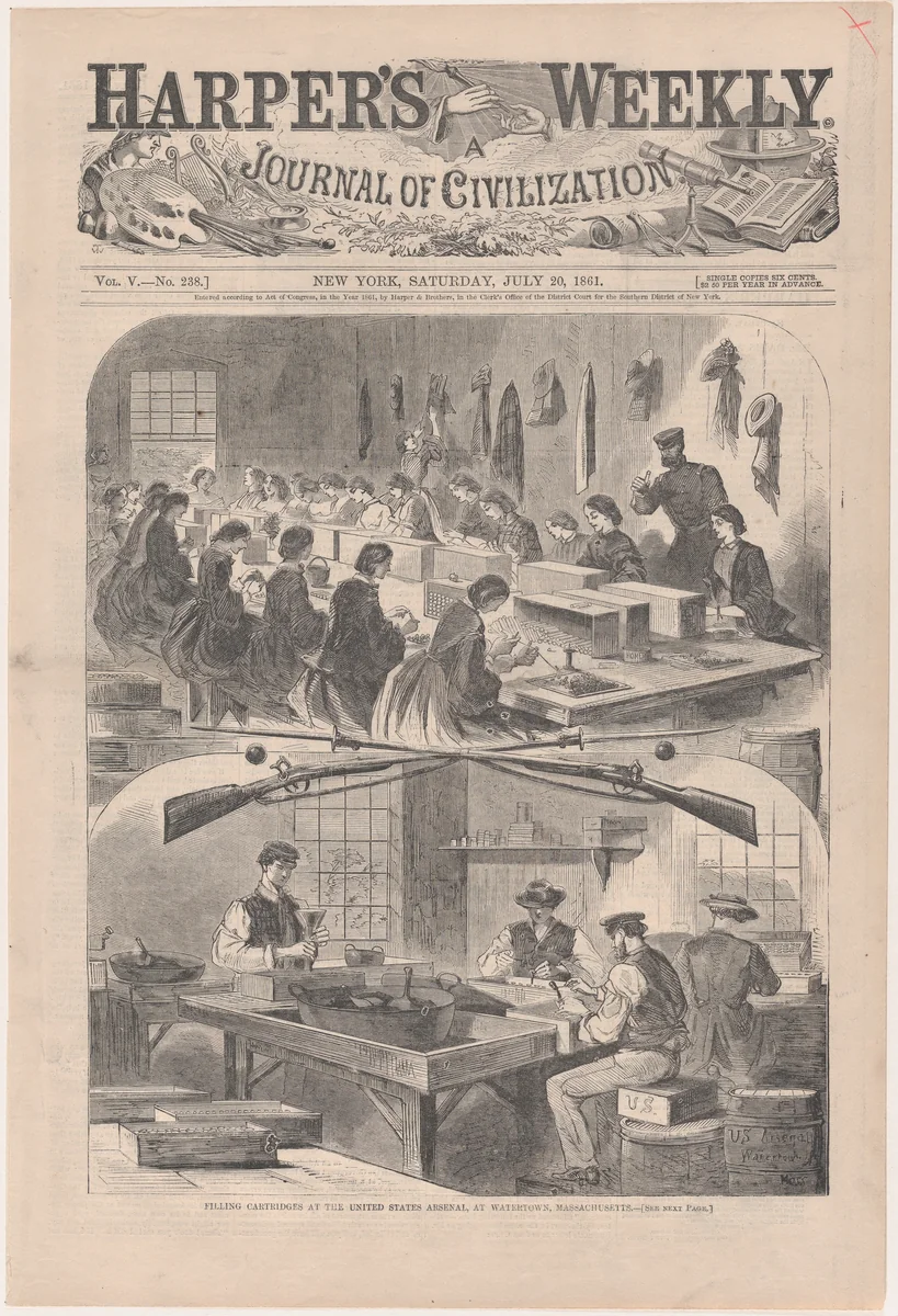 Filling Cartridges at the United States Arsenal, at Watertown, Massachusetts (from "Harper's Weekly," Vol. 5, no. 238, cover) by Winslow Homer, print, 1861