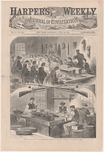 Filling Cartridges at the United States Arsenal, at Watertown, Massachusetts (from "Harper's Weekly," Vol. 5, no. 238, cover) by Winslow Homer, print, 1861