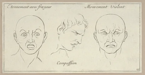 Étonnement avec frayeur, Compassion, Mouvement Violent, from "Caractères des passions, gravés sur les desseins de l'illustre Monsieur le Brun" by Sébastien Le Clerc, print, 1695-1720