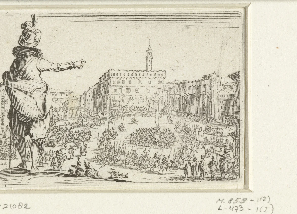 Man met gepluimde hoed bij de Piazza della Signoria te Florence by Jacques Callot, print, 1621