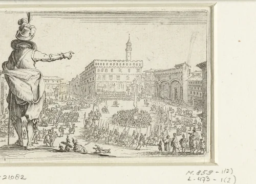 Man met gepluimde hoed bij de Piazza della Signoria te Florence by Jacques Callot, print, 1621