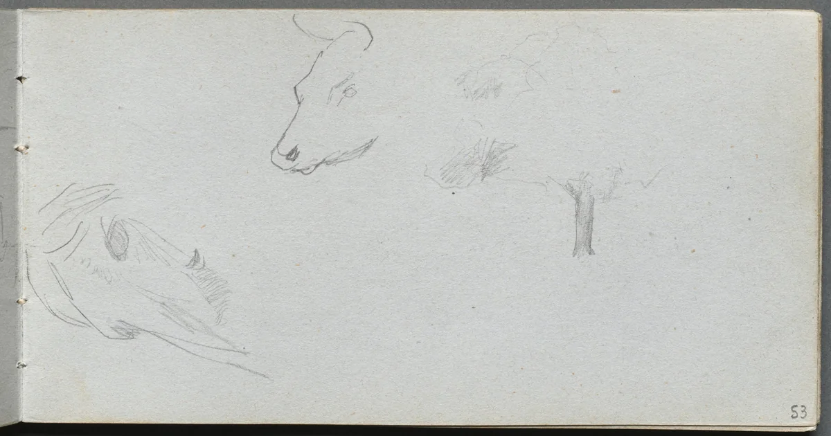 Sketchbook, page 53: Animal Studies and Tree Study by Ernest Meissonier, book, 1860-1869