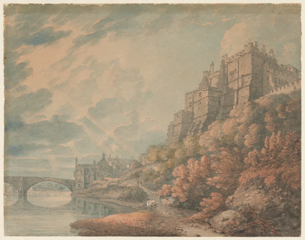 Durham Castle and Framwellgate Bridge from the Banks of the River Wear by Thomas Hearne, drawing, 1778-1817