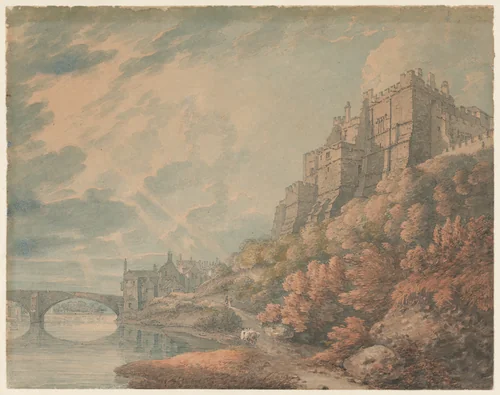 Durham Castle and Framwellgate Bridge from the Banks of the River Wear by Thomas Hearne, drawing, 1778-1817