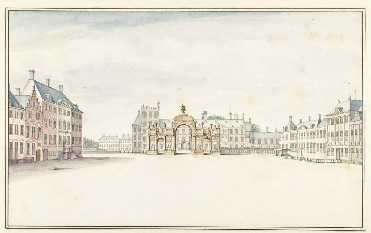 Ereboog voor koning Willem III aan Den Haag, 1691 by Jan van Call, drawing, 1691