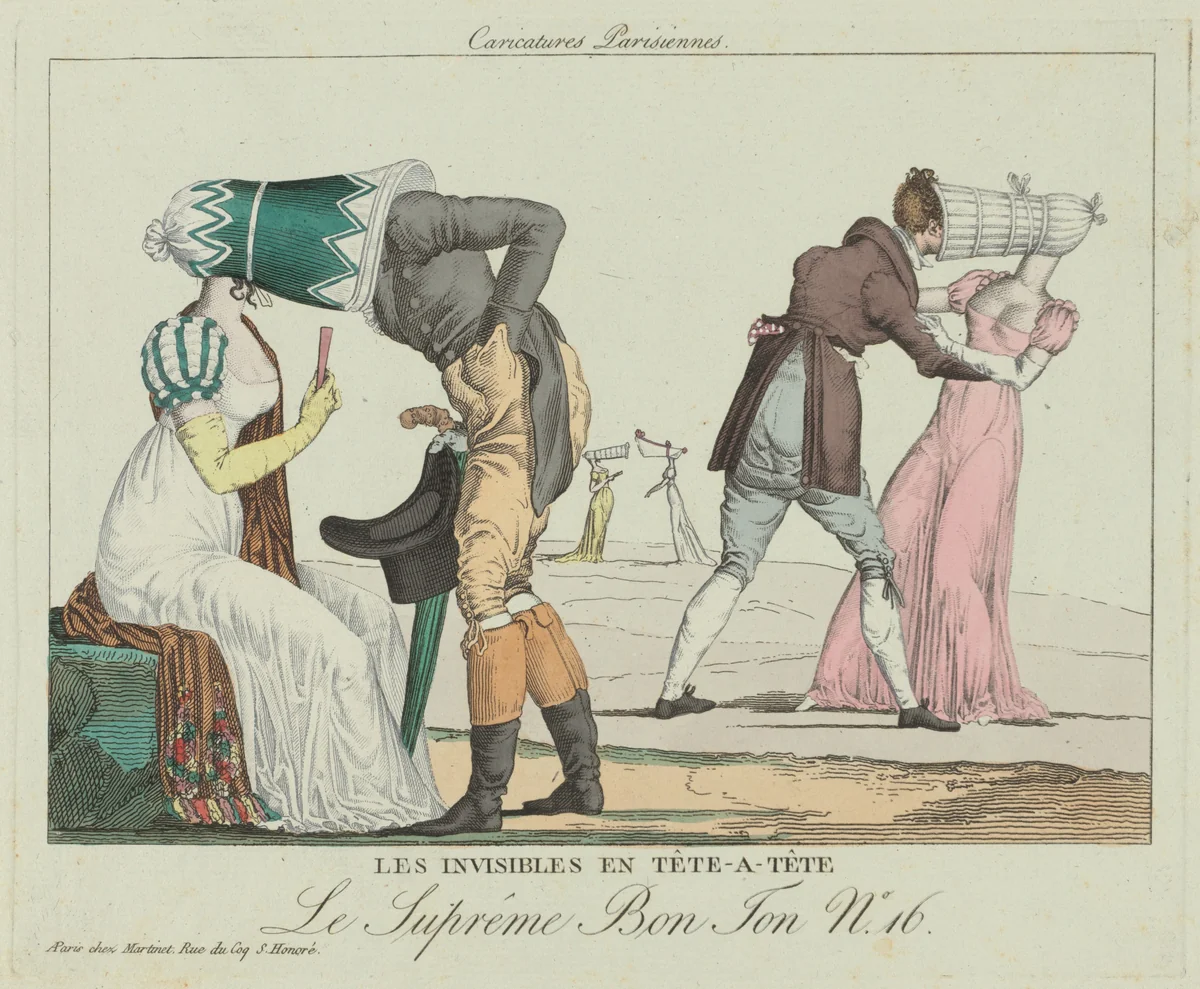 Les Invisibles en tête-à-tête (Tête-à-Tête with Poke Bonnets) by Aaron Martinet, print, 1800-1810