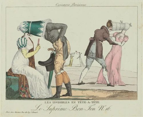Les Invisibles en tête-à-tête (Tête-à-Tête with Poke Bonnets) by Aaron Martinet, print, 1800-1810